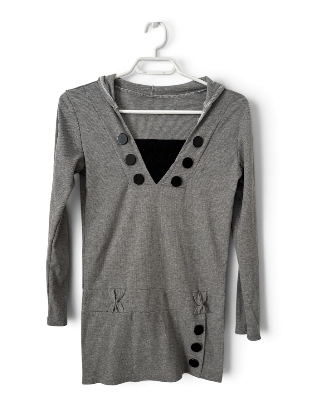 Gray Ribbed Hooded Tunic Long Sleeve Top Black Buttons Accent size S